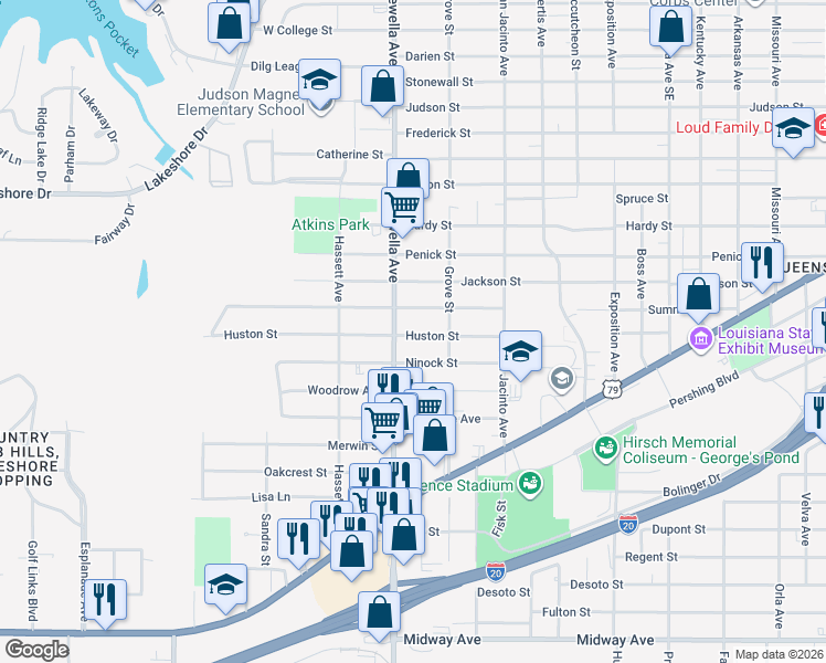 map of restaurants, bars, coffee shops, grocery stores, and more near 3634 Huston Street in Shreveport
