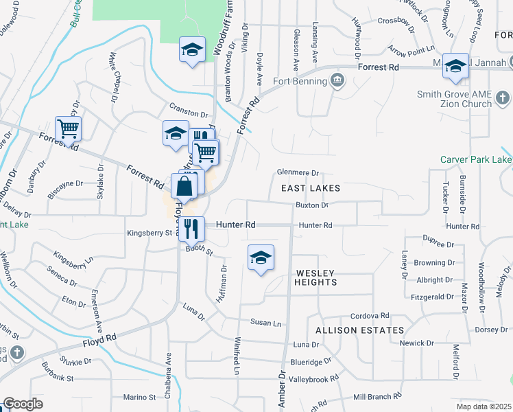 map of restaurants, bars, coffee shops, grocery stores, and more near 5710 Buxton Drive in Columbus