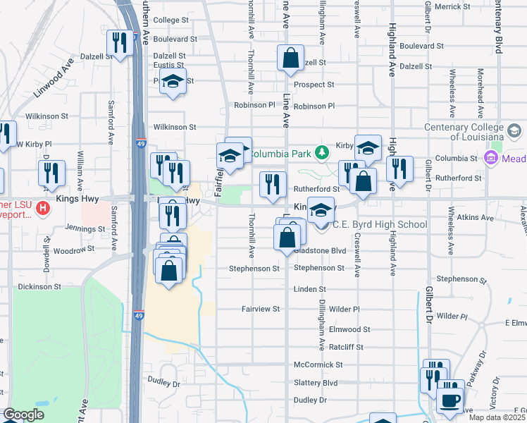map of restaurants, bars, coffee shops, grocery stores, and more near 825 Kings Highway in Shreveport