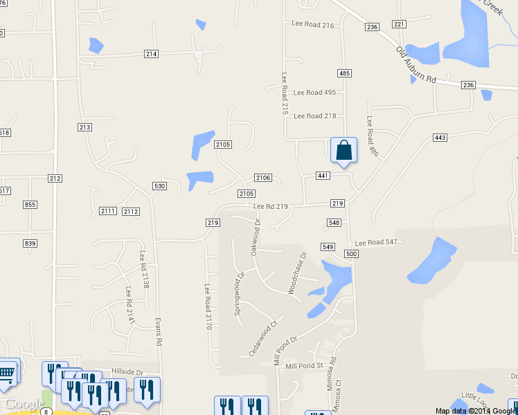 map of restaurants, bars, coffee shops, grocery stores, and more near 12 Springwood Court in Phenix City