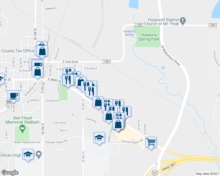 map of restaurants, bars, coffee shops, grocery stores, and more near 721 East Ridge Drive in Midlothian