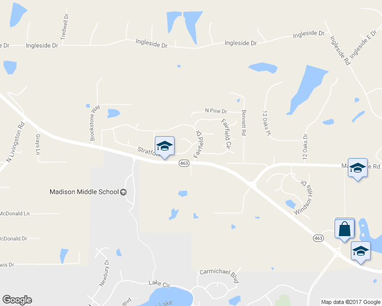 map of restaurants, bars, coffee shops, grocery stores, and more near 105 Stratford Drive in Madison