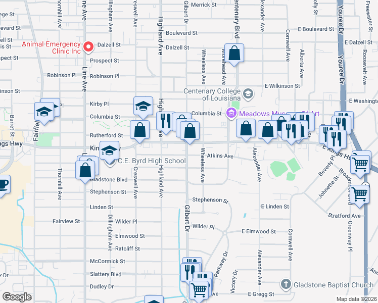 map of restaurants, bars, coffee shops, grocery stores, and more near 320 Atkins Avenue in Shreveport