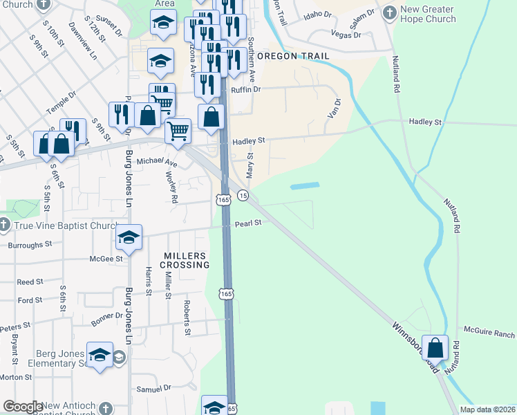 map of restaurants, bars, coffee shops, grocery stores, and more near 1823-2099 Winnsboro Road in Monroe