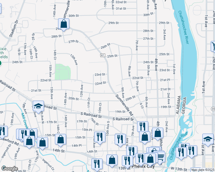 map of restaurants, bars, coffee shops, grocery stores, and more near 2111 Summerville Road in Phenix City