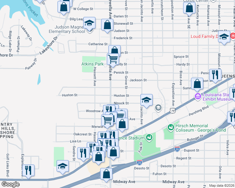 map of restaurants, bars, coffee shops, grocery stores, and more near 3634 Huston Street in Shreveport
