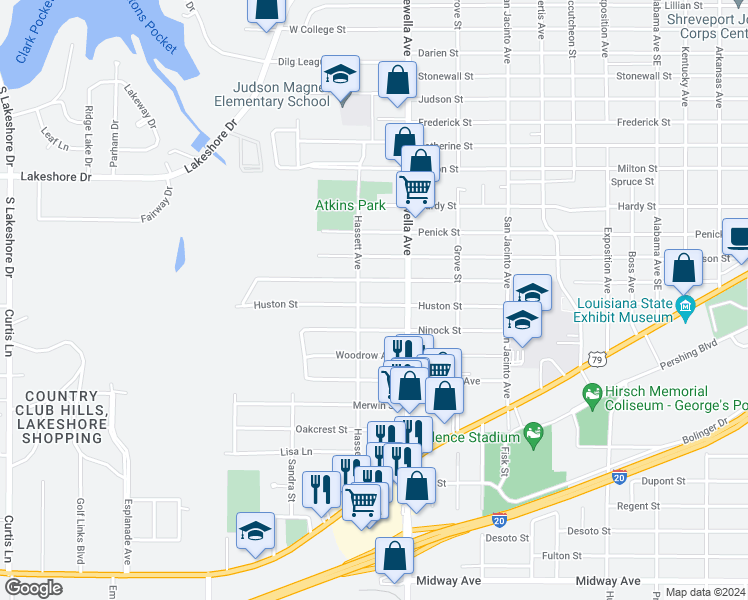 map of restaurants, bars, coffee shops, grocery stores, and more near 3738 Huston Street in Shreveport