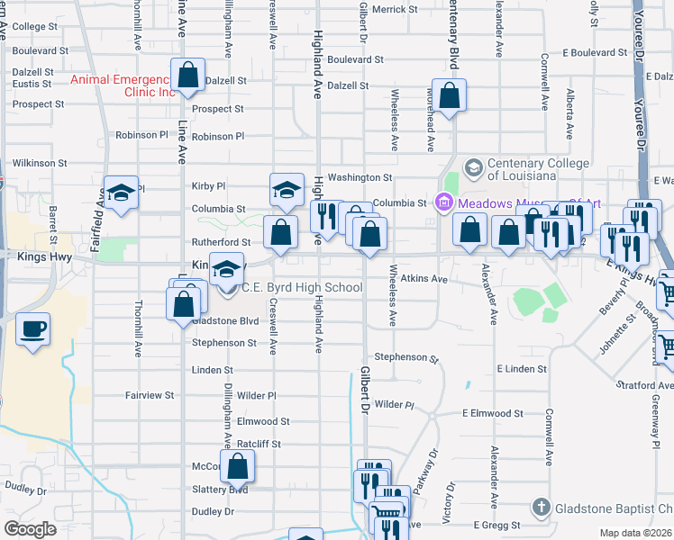 map of restaurants, bars, coffee shops, grocery stores, and more near 414 Atkins Avenue in Shreveport