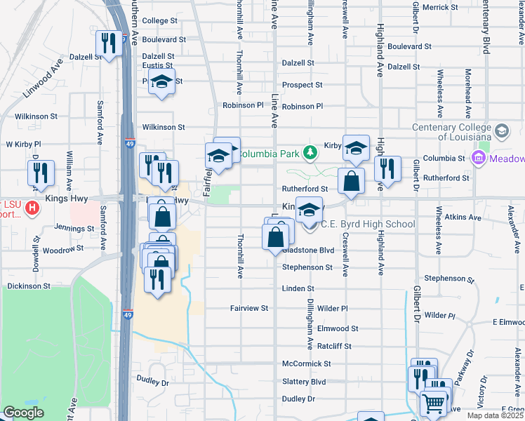 map of restaurants, bars, coffee shops, grocery stores, and more near 825 Kings Hwy in Shreveport