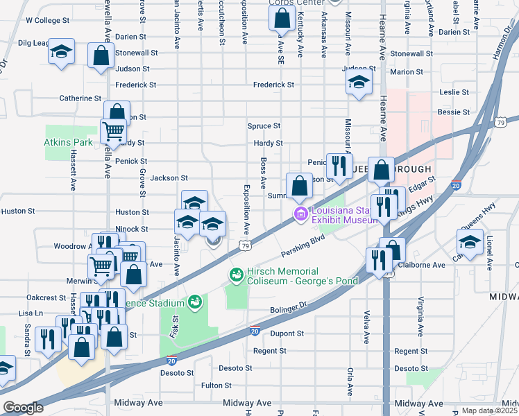 map of restaurants, bars, coffee shops, grocery stores, and more near 3224 Boss Avenue in Shreveport