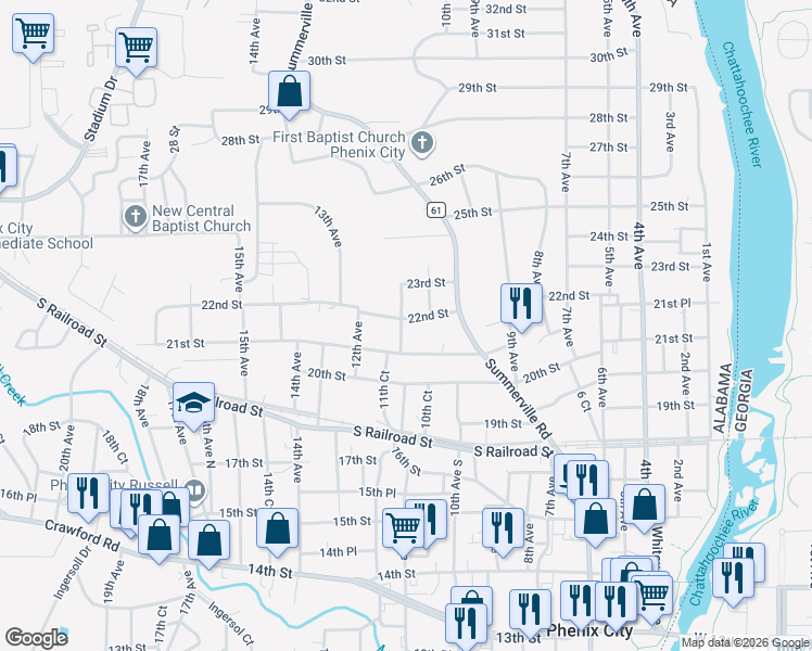 map of restaurants, bars, coffee shops, grocery stores, and more near 1021 22nd Street in Phenix City