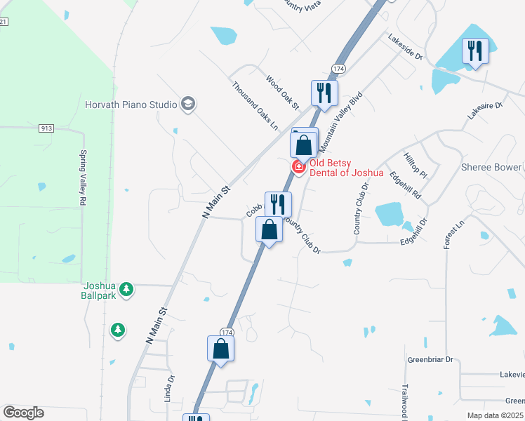 map of restaurants, bars, coffee shops, grocery stores, and more near 302 Cobb Drive in Joshua