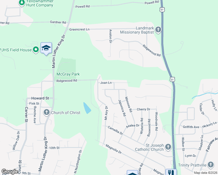 map of restaurants, bars, coffee shops, grocery stores, and more near 736 Mimosa Road in Prattville