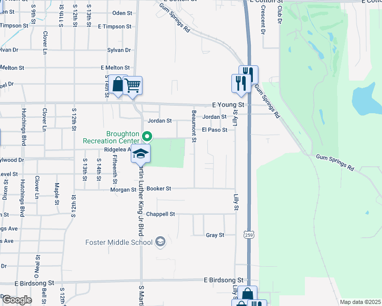 map of restaurants, bars, coffee shops, grocery stores, and more near 901 Beaumont Street in Longview