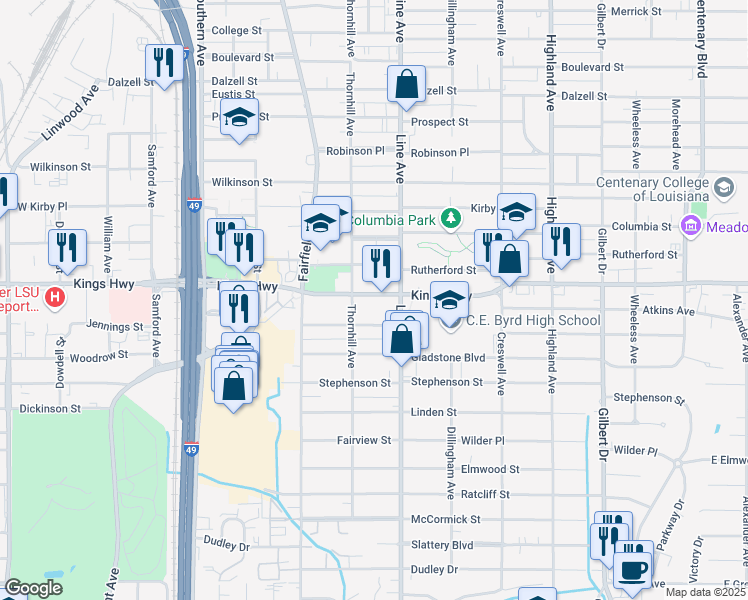map of restaurants, bars, coffee shops, grocery stores, and more near 825 Kings Highway in Shreveport