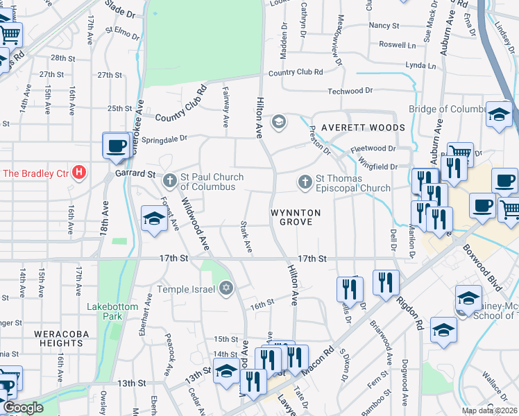 map of restaurants, bars, coffee shops, grocery stores, and more near 1915 Hilton Avenue in Columbus