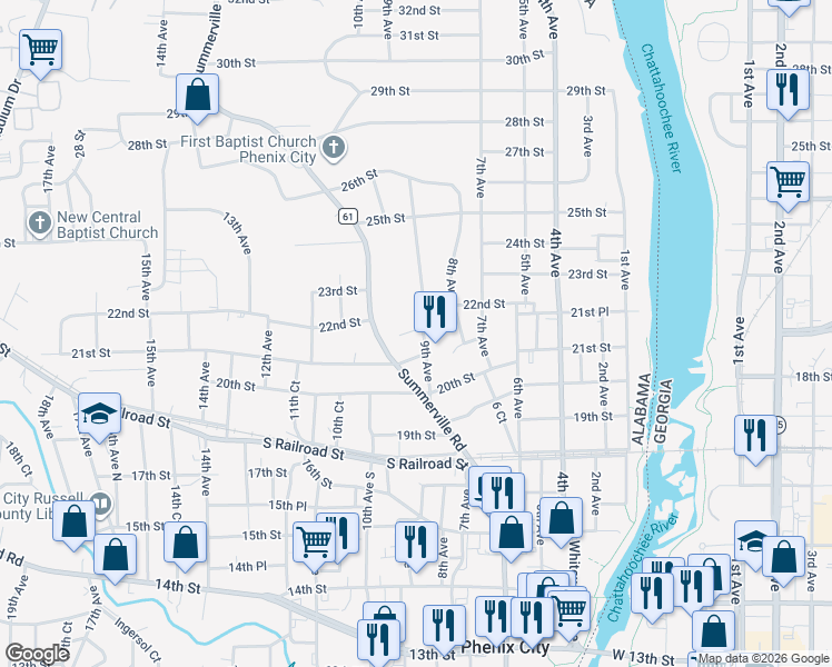 map of restaurants, bars, coffee shops, grocery stores, and more near 2104 9th Avenue in Phenix City