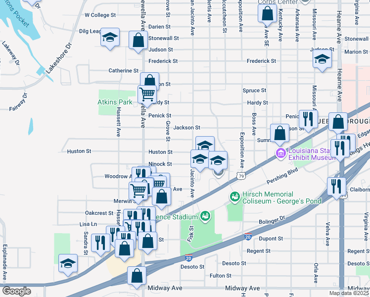 map of restaurants, bars, coffee shops, grocery stores, and more near 3510 Huston St in Shreveport