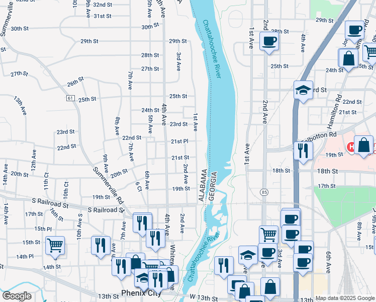map of restaurants, bars, coffee shops, grocery stores, and more near 206 21st Street in Phenix City