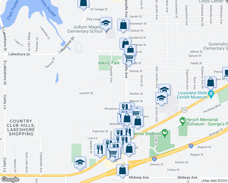 map of restaurants, bars, coffee shops, grocery stores, and more near 3802 Huston Street in Shreveport