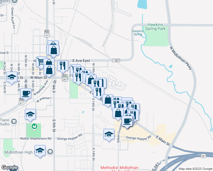 map of restaurants, bars, coffee shops, grocery stores, and more near 102 East Maple Ridge Court in Midlothian