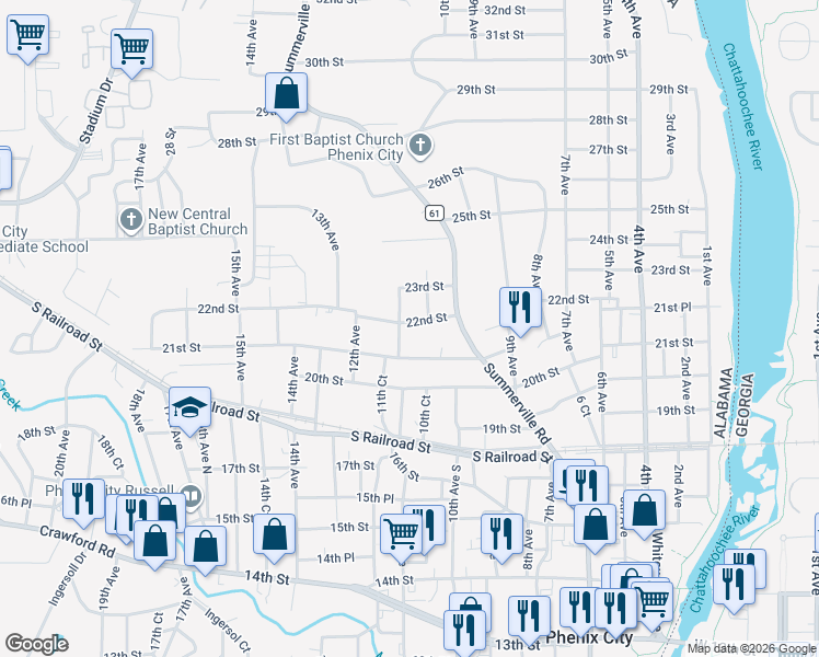 map of restaurants, bars, coffee shops, grocery stores, and more near 1021 22nd Street in Phenix City