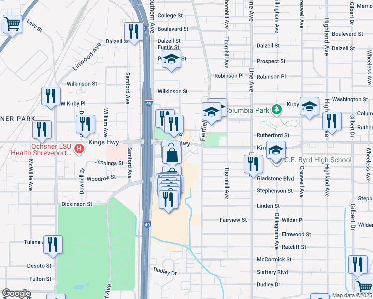 map of restaurants, bars, coffee shops, grocery stores, and more near 3100 Fairfield Avenue in Shreveport