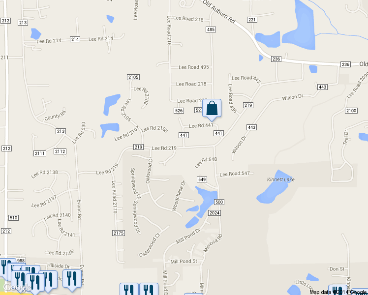 map of restaurants, bars, coffee shops, grocery stores, and more near County Road 219 in Phenix City