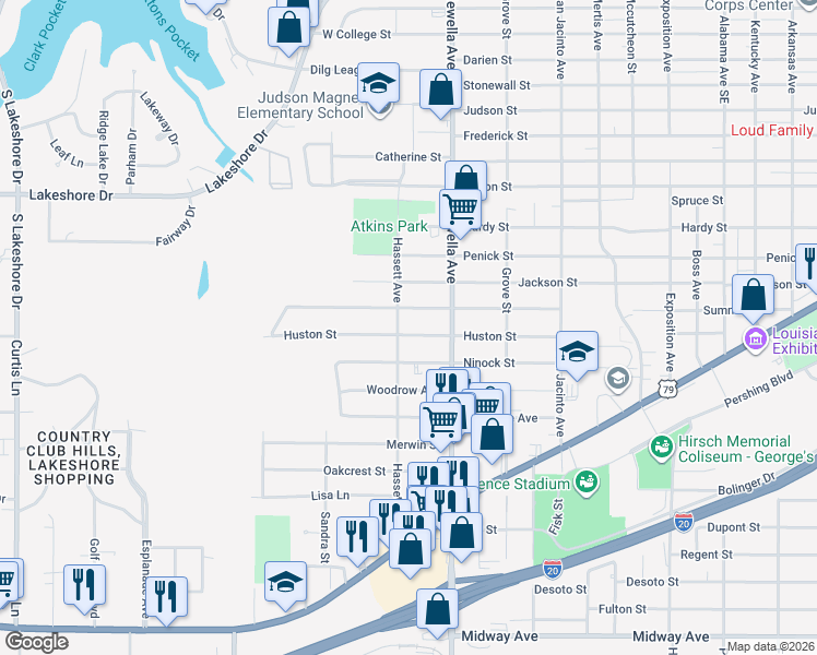 map of restaurants, bars, coffee shops, grocery stores, and more near 3802 Huston Street in Shreveport