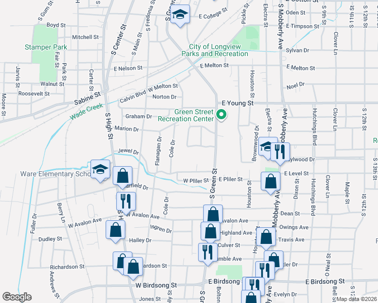 map of restaurants, bars, coffee shops, grocery stores, and more near 27 Covington Drive in Longview