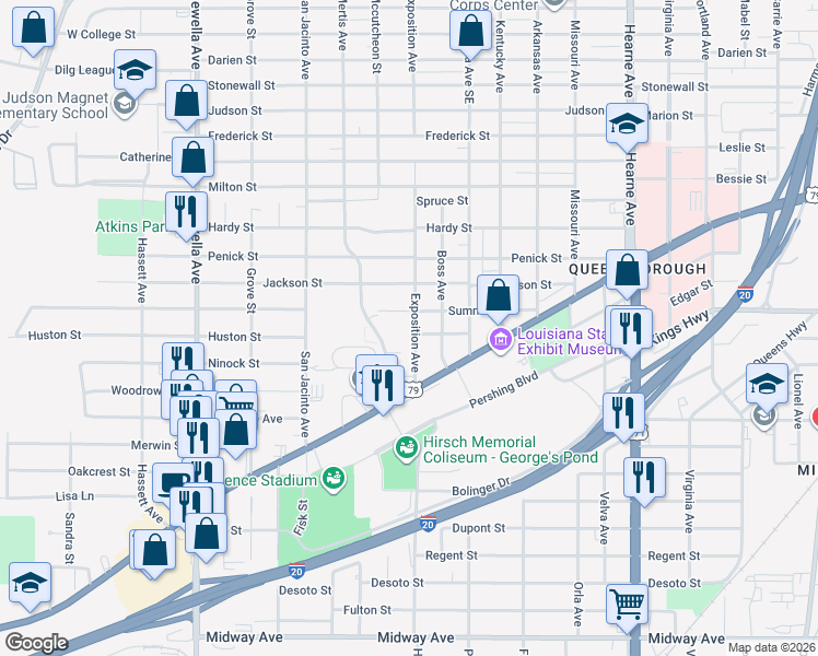 map of restaurants, bars, coffee shops, grocery stores, and more near 3218 Exposition Avenue in Shreveport