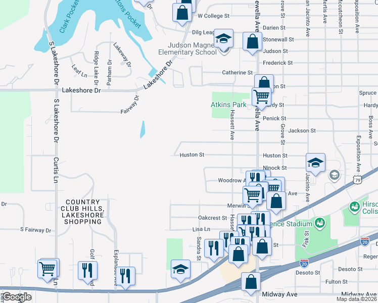map of restaurants, bars, coffee shops, grocery stores, and more near 3958 Huston Street in Shreveport