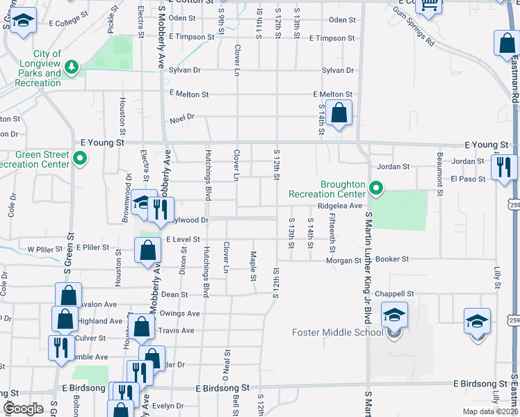 map of restaurants, bars, coffee shops, grocery stores, and more near 711 Idylwood Drive in Longview