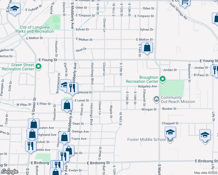 map of restaurants, bars, coffee shops, grocery stores, and more near 711 Idylwood Drive in Longview