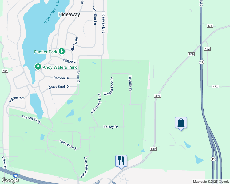 map of restaurants, bars, coffee shops, grocery stores, and more near 203 Winged Foot Drive in Lindale