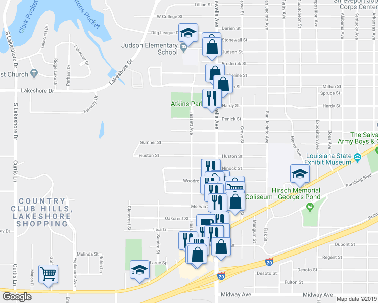 map of restaurants, bars, coffee shops, grocery stores, and more near 3802 Huston Street in Shreveport