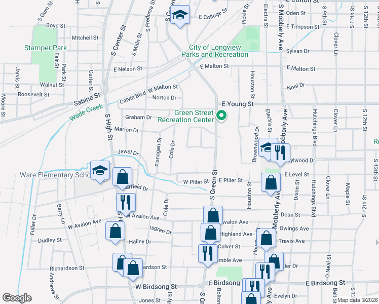 map of restaurants, bars, coffee shops, grocery stores, and more near 27 Covington Drive in Longview