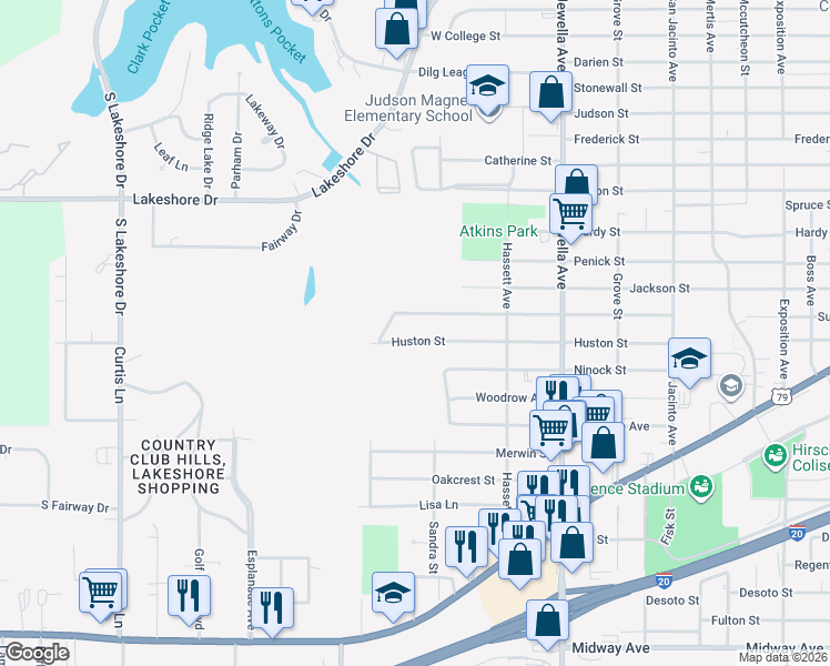 map of restaurants, bars, coffee shops, grocery stores, and more near 3941 Huston Street in Shreveport