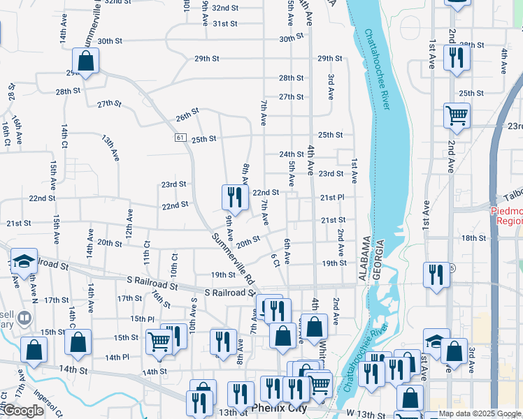 map of restaurants, bars, coffee shops, grocery stores, and more near 700 21st Street in Phenix City