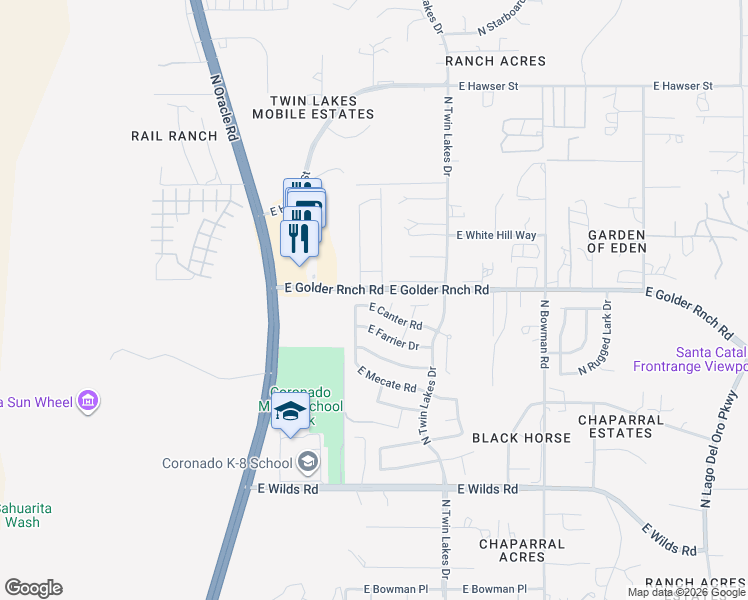 map of restaurants, bars, coffee shops, grocery stores, and more near 3554 East Canter Road in Tucson