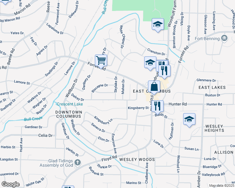 map of restaurants, bars, coffee shops, grocery stores, and more near 2207 Mahan Drive in Columbus