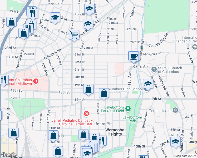 map of restaurants, bars, coffee shops, grocery stores, and more near 1906 14th Avenue in Columbus