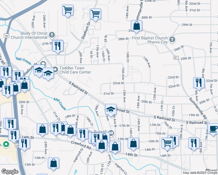 map of restaurants, bars, coffee shops, grocery stores, and more near 2107 16th Avenue in Phenix City