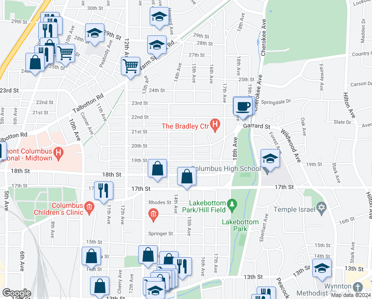 map of restaurants, bars, coffee shops, grocery stores, and more near 1436 20th Street in Columbus