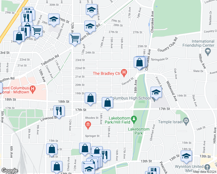 map of restaurants, bars, coffee shops, grocery stores, and more near 1440 20th Street in Columbus