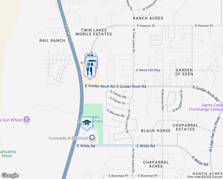 map of restaurants, bars, coffee shops, grocery stores, and more near 3554 East Canter Road in Tucson