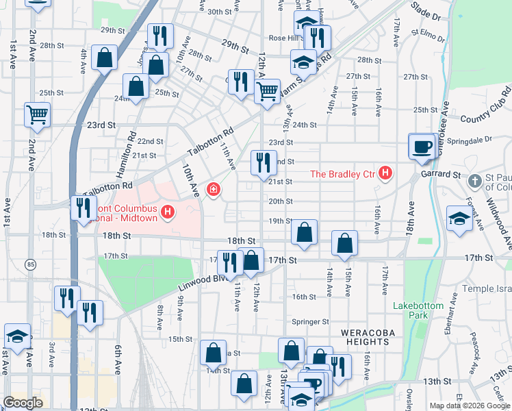 map of restaurants, bars, coffee shops, grocery stores, and more near 1121 19th Street in Columbus