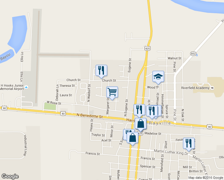 map of restaurants, bars, coffee shops, grocery stores, and more near in Rayville