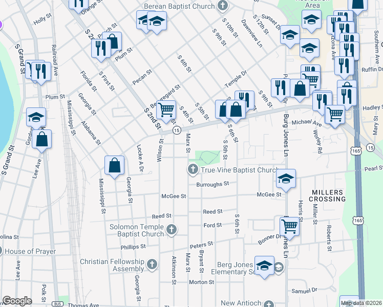 map of restaurants, bars, coffee shops, grocery stores, and more near 213-299 Marx St in Monroe