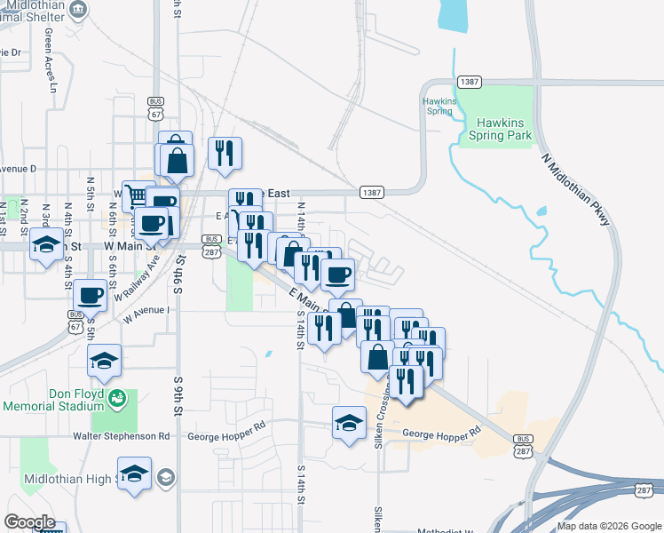 map of restaurants, bars, coffee shops, grocery stores, and more near 102 East Maple Ridge Court in Midlothian